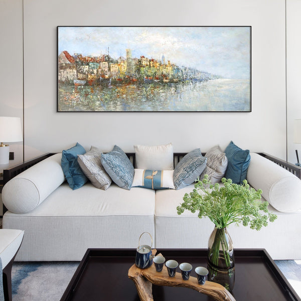 Lake Painting Cityscape Canvas Art, Abstract City Landscape on Framed Canvas, Contemporary Wall Art, Unique Housewarming Gift by Sona Casa