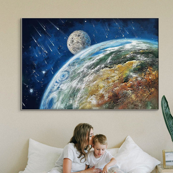 Earth and Moon Painting - Extra Large Textured Canvas Art, Hand-Painted Impasto Space Artwork for Modern Home Decor, Unique Astronomy Gift by Sona Casa