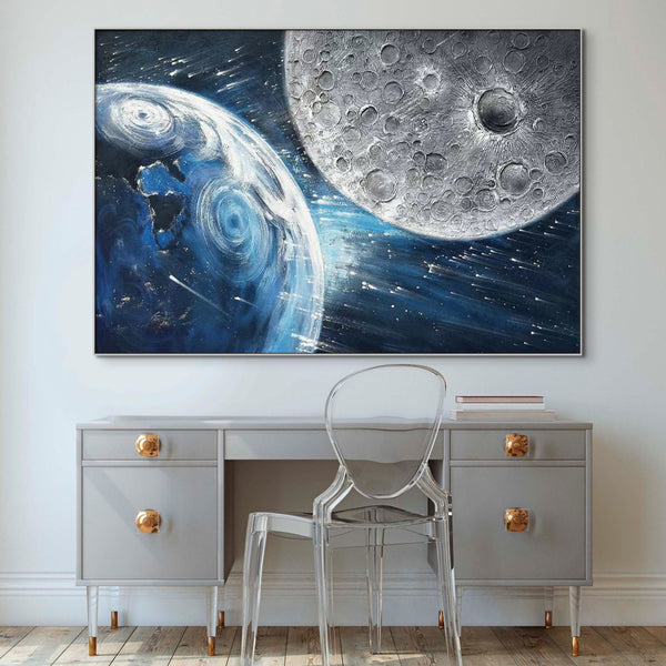 Earth and Moon Painting - Large Textured Canvas Wall Art, Celestial Space Decor for Home and Office, Unique Astronomy Gift by Sona Casa