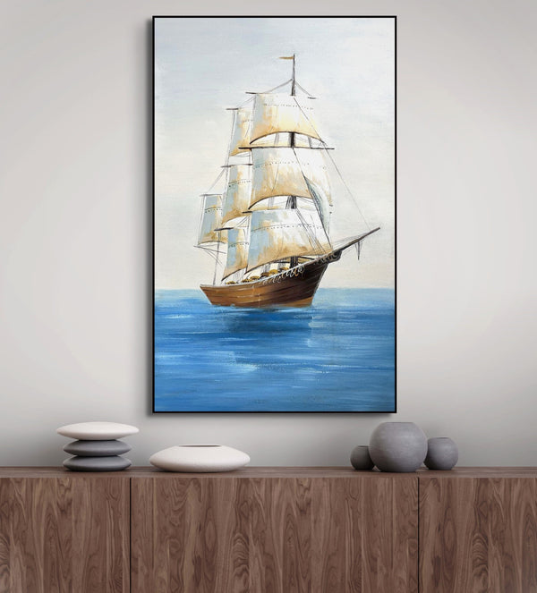 Original Boat Art Vertical Canvas, Textured Nautical Wall Painting for Bedroom, Handmade Coastal Art by Sona Casa