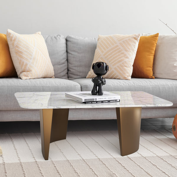 Modern 47" Rectangular Coffee Table, White Marble Surface, Metal Gold Frame, Home Decor by Sona Casa