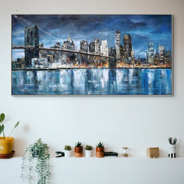 Manhattan, Painting On Canvas, Abstract Painting, New York Painting, Cityscape, Urban Painting, Living Room Wall Art, Blue City Painting by Sona Casa