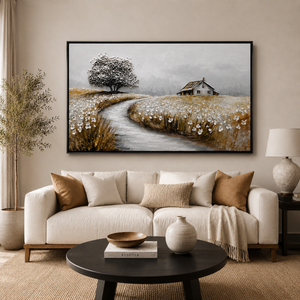 Framed textured landscape wall art above a neutral sofa — Sona Casa