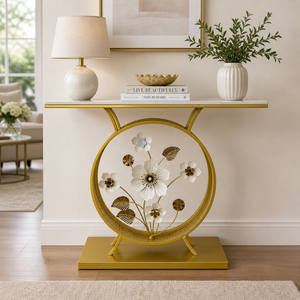 White marble console table with a gold floral metal base — Sona Casa