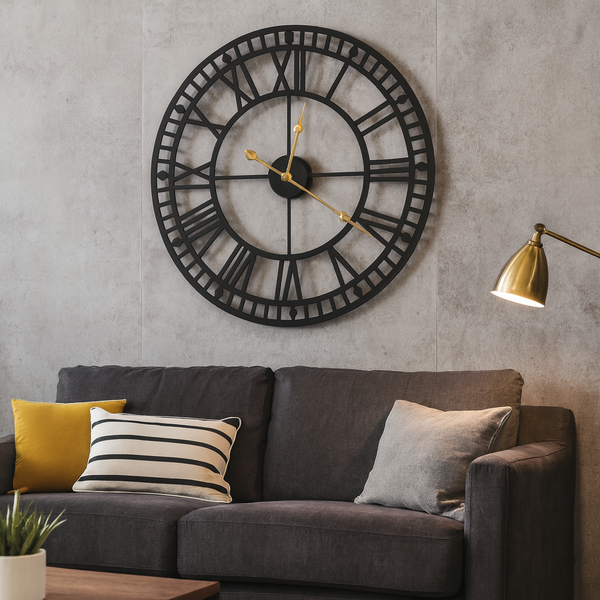 Oversized round metal wall clock with Roman numerals above a sofa — Sona Casa