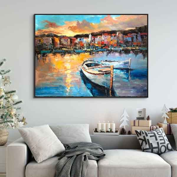 Colourful Portofino harbour canvas painting above a sofa — Sona Casa