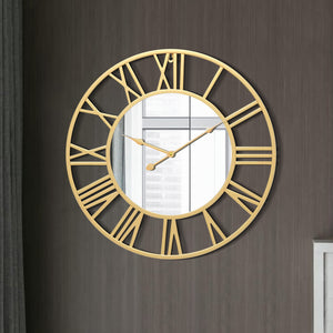 Large Golden Wall Clock with Mirror, 24" Silent Roman Clock, Heavy Metal, Living Room Wall Decor-Sona Casa