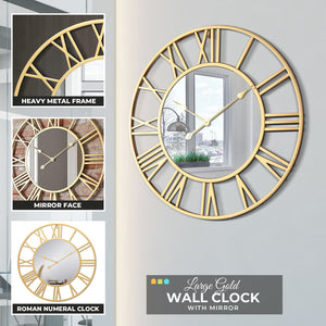 Large Golden Wall Clock with Mirror, 24" Silent Roman Clock, Heavy Metal, Living Room Wall Decor-Sona Casa