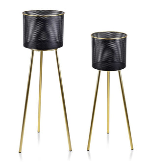 Modern Black Metal Plant Pot, Set of 2 Planters, Gold Tripod Stand, Indoor Outdoor Gift Decor for Home or Office-Sona Casa