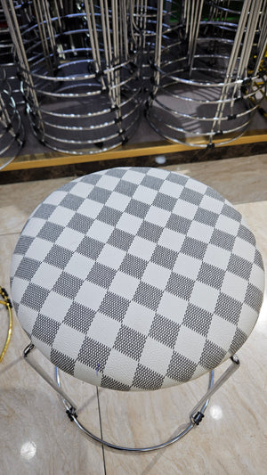 Petite Lightweight White Gray Pattern Stool with Silver Frame, Fabric Seat Compact Living Room Accent Home Decor by Sona Casa