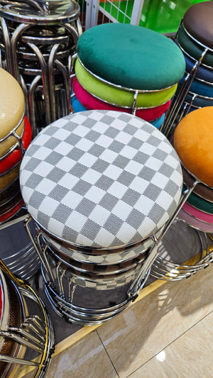 Petite Lightweight White Gray Pattern Stool with Silver Frame, Fabric Seat Compact Living Room Accent Home Decor by Sona Casa