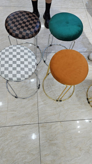 Petite Lightweight Brown Black Pattern Stool with Silver Frame, Fabric Seat Compact Living Room Accent Home Decor by Sona Casa