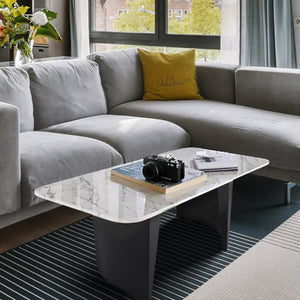 Modern 47" Rectangle Coffee Table, White Marble Top, Metal Matte Black Frame Home Decor by Sona Casa