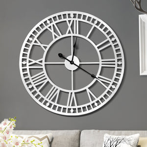 Oversized Round Metal Wall Clock, Large 32", Roman Numeral Silver Silent Clock Home Office Decor by Sona Casa