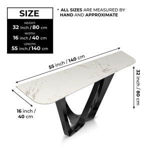 Modern 51" Console Table, High Quality White Marble Top, Stainless Steel Metal Matte Black by Sona Casa