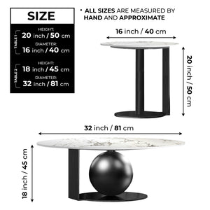 Modern Coffee Table Set of 2, 32" and 16" Marble Surface, Metal Ball Base, Matte Black Finish, Home Decor by Sona Casa
