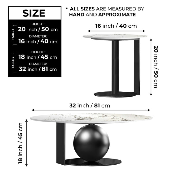 Modern Coffee Table Set of 2, 32" and 16" Marble Surface, Metal Ball Base, Matte Black Finish, Home Decor by Sona Casa