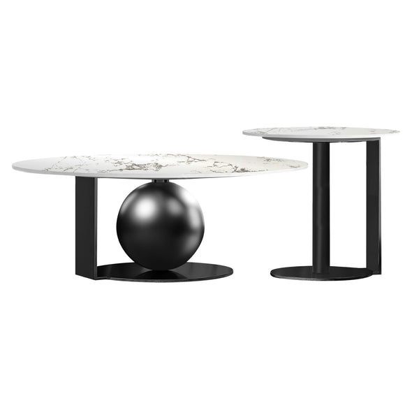 Modern Coffee Table Set of 2, 32" and 16" Marble Surface, Metal Ball Base, Matte Black Finish, Home Decor by Sona Casa