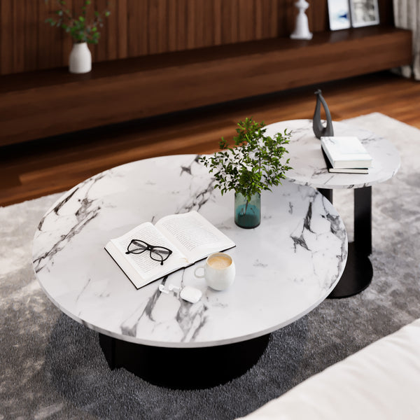 Modern Coffee Table Set of 2, 32" and 16" Marble Surface, Metal Ball Base, Matte Black Finish, Home Decor by Sona Casa