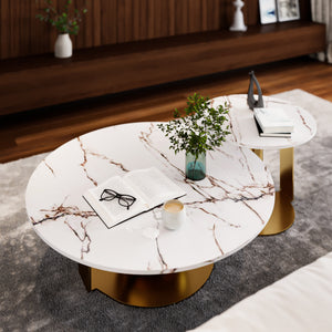 Modern Golden Coffee Table Set 32" and 16", White Marble Top, Metal Ball Base, Home Decor by Sona Casa