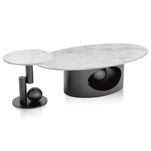 Modern Designer Oval Coffee Table Set 47" and 20", Marble Top, Metal Ball Base, Matte Black Frame, Home Decor by Sona Casa