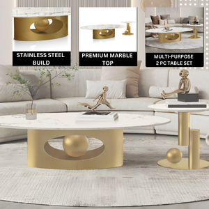 Modern Golden Oval Coffee Table Set 47" and 20", White Marble Surface, Metal Ball Base Design Home Decor by Sona Casa