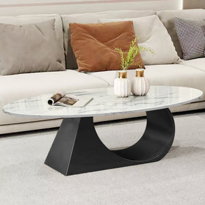 Modern Designer Oval Coffee Table Set 47" and 20" White Marble Top, Metal Matte Black Frame by Sona Casa