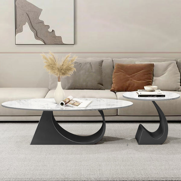 Modern Designer Oval Coffee Table Set 47" and 20" White Marble Top, Metal Matte Black Frame by Sona Casa