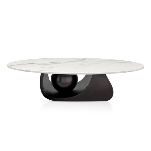 Designer Oval Coffee Table 47" White Marble Surface, Metal Ball Matte Black Base, Centerpiece by Sona Casa