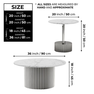 Modern Round Coffee Table Set 35" and 20" White Marble Top, Metal Silver Frame, Centerpiece by Sona Casa