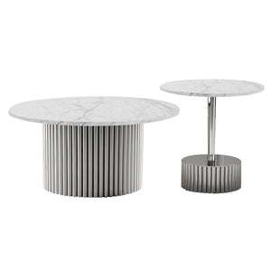 Modern Round Coffee Table Set 35" and 20" White Marble Top, Metal Silver Frame, Centerpiece by Sona Casa