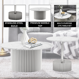 Modern Round Coffee Table Set 35" and 20" White Marble Top, Metal Silver Frame, Centerpiece by Sona Casa