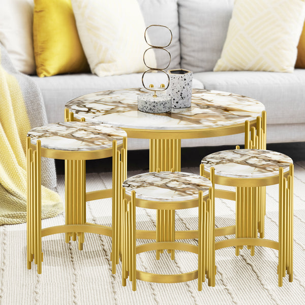 Round Coffee Table Set of 4 Centerpiece, 35" 18" 16" 14" Marble Top, Metal Gold Frame, Home Decor by Sona Casa