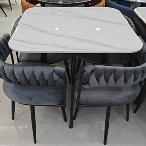 Stone Dining Table with 4 Upholstered Gray Chairs, Space Saver Compact Elegant Set with White Stone Top, Home Decor-Sona Casa