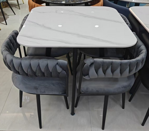 Stone Dining Table with 4 Upholstered Gray Chairs, Space Saver Compact Elegant Set with White Stone Top, Home Decor-Sona Casa