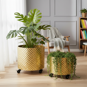 Golden Metal Foil Planter Set with Drain Plug, Indoor Plant Pot with Wheels for Fresh or Faux Plants Home Decor Gift-Sona Casa