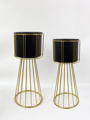 Contemporary Black & Gold Metal Planter Pair, Set of 2 Tall Indoor Plant Stands for Home Decor-Sona Casa