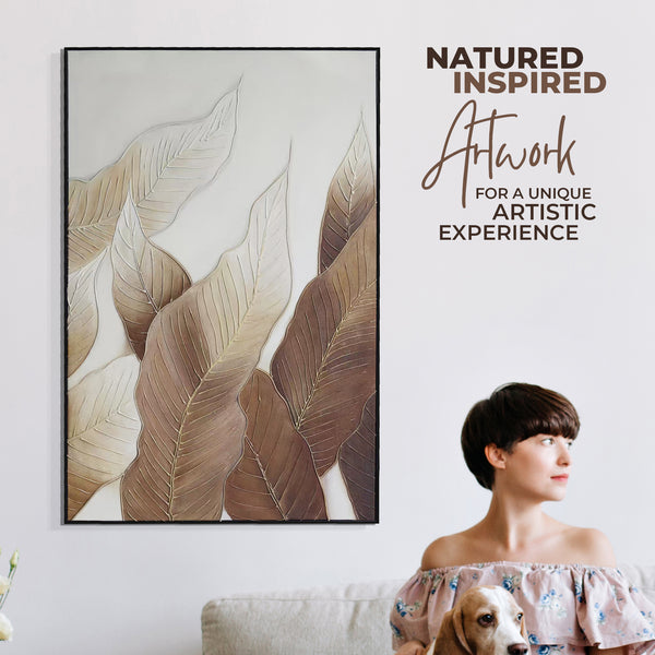 Botanical Wall Art, 47" Impasto Brown Textured Painting, Leaves Home Decor by Sona Casa