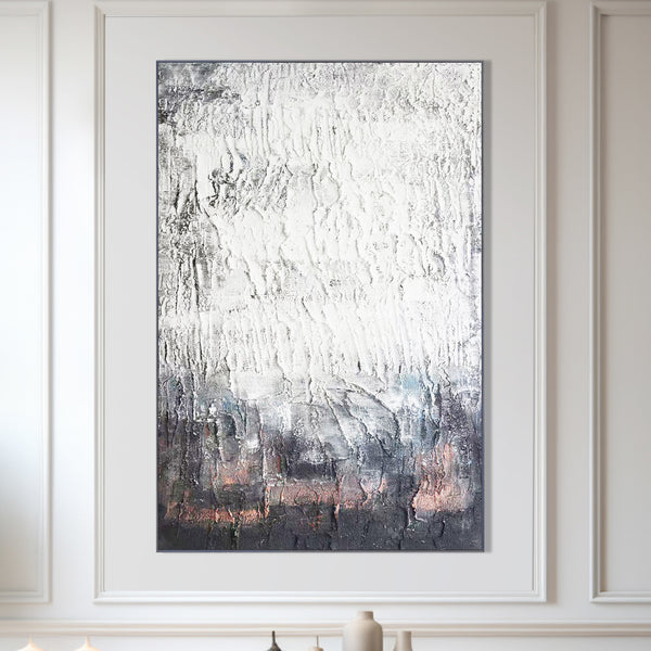 Handmade White Black Thick Textured Impasto Painting, 47" Wall Art Decor for Home by Sona Casa