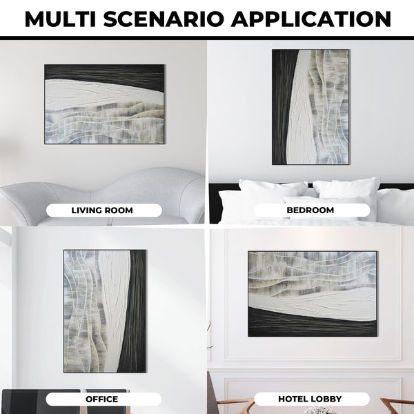 Gray Black Abstract Textured Impasto Painting, 47" Framed Wall Art Decor by Sona Casa