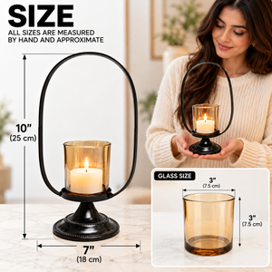 Black Metal Tealight Candle Holder with Glass Cup, Oval Frame & Pedestal Base, 26 cm