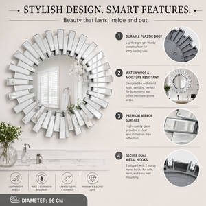 Silver 66 cm Round Wall Mirror with Decorative Sunburst Frame, Modern Silver Finish, Elegant Home Accent by Sona Casa