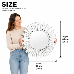 Silver 66 cm Round Wall Mirror with Decorative Sunburst Frame, Modern Silver Finish, Elegant Home Accent by Sona Casa