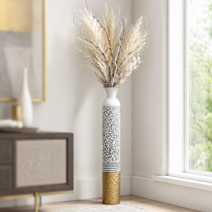 Tall White Silver Gold Metal Floor Vase with Metallic Finish for Modern Home Decor 14x14x106.7 cm