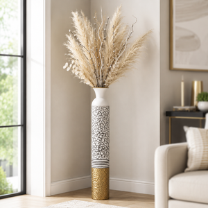 Tall White Silver Gold Metal Floor Vase with Metallic Finish for Modern Home Decor 14x14x106.7 cm