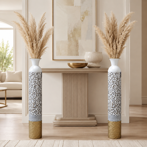 Set of 2 White Silver Metal Tall Floor Vases for Modern Home Decor 13.5x13.5x95.5 cm