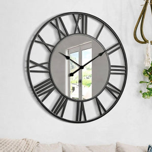 Large Black Wall Clock with Mirror, 24" Silent Roman Clock, Heavy Metal, Living Room Wall Decor-Sona Casa