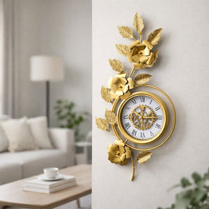 Large Gold Metal Wall Clock, Floral Silent-Sona Casa
