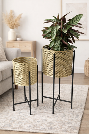 Pair of Large Metal Planter Pots, 24 and 22 inch Tall Indoor Planters with Sturdy Stands, Home Office Decor by Sona Casa