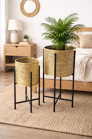 Pair of Large Metal Planter Pots, 24 and 22 inch Tall Indoor Planters with Sturdy Stands, Home Office Decor by Sona Casa